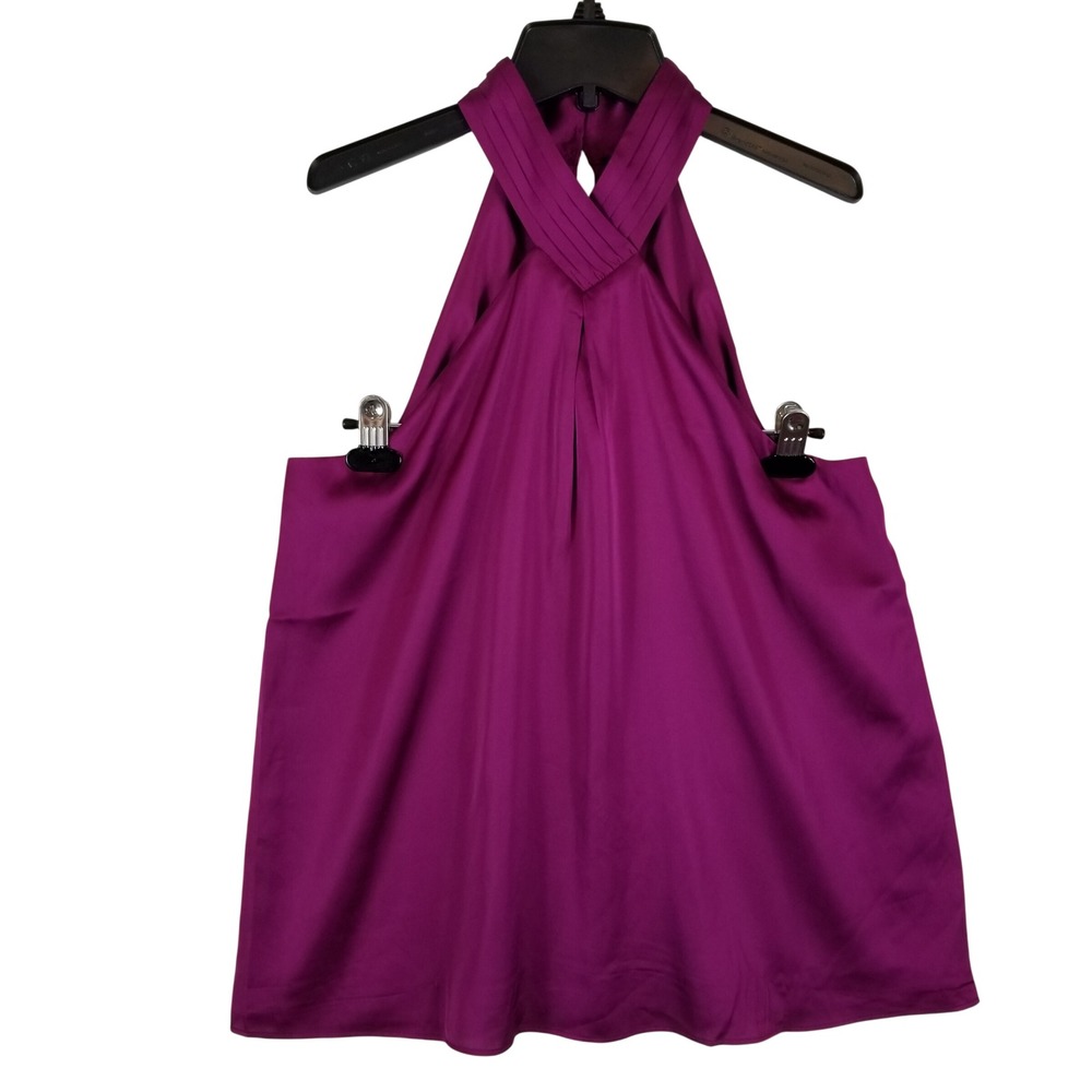 Express Halter Top Women Medium Magenta Satin Pleated High‎ Neck Sleeveless NEW